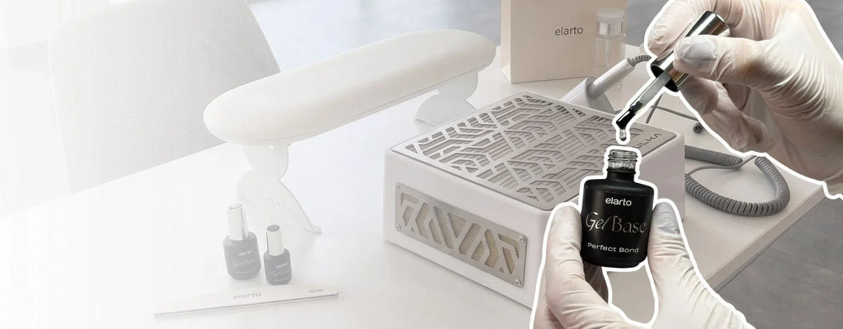 Aplicação de uma base em gel Elarto com pincel num ambiente profissional de manicure